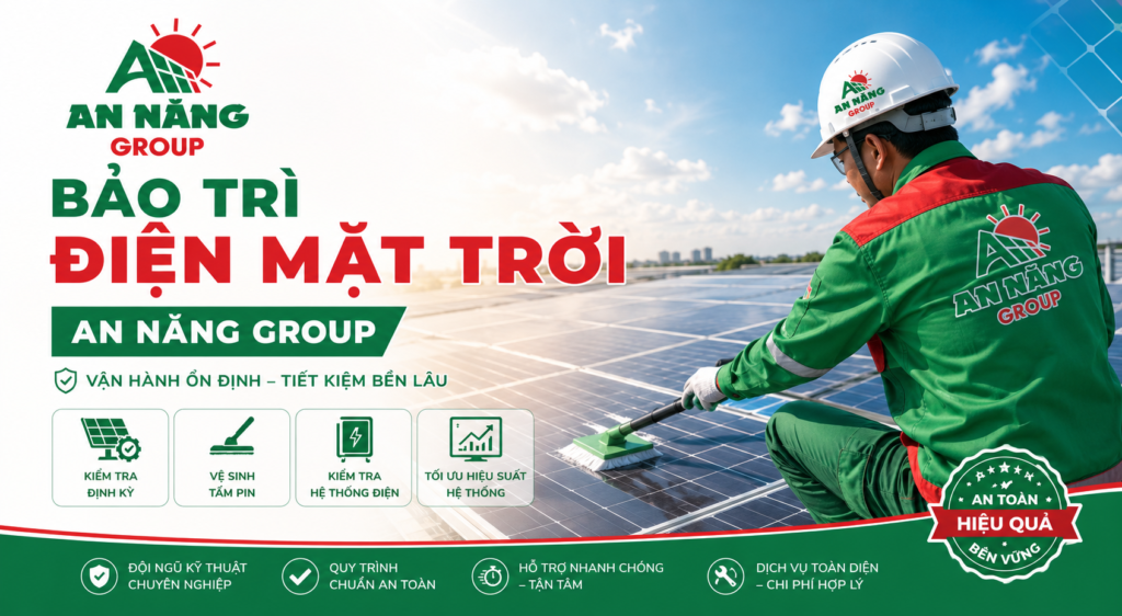 Kỹ sư An Năng Group đang thực hiện bảo trì điện mặt trời trên mái nhà