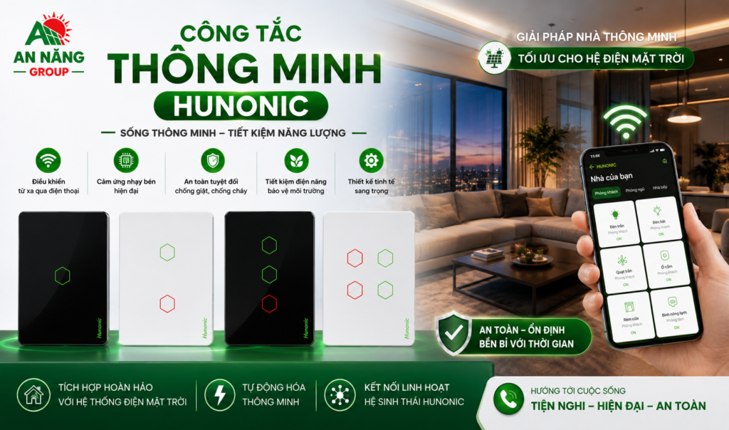 Trọn bộ công tắc thông minh Hunonic mặt kính cường lực cao cấp lắp đặt trong không gian phòng khách hiện đại