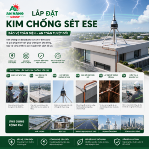 Kỹ thuật viên đang kiểm tra thông số và định vị kim chống sét ESE trên mái nhà xưởng
