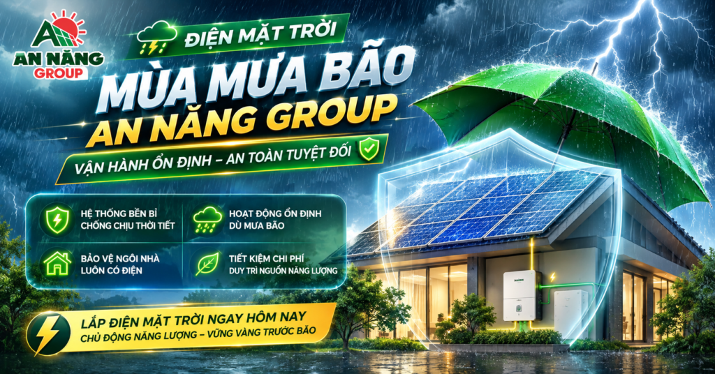 Giàn pin năng lượng mặt trời áp mái được cố định chắc chắn, đảm bảo an toàn cho hệ thống điện mặt trời mùa mưa bão